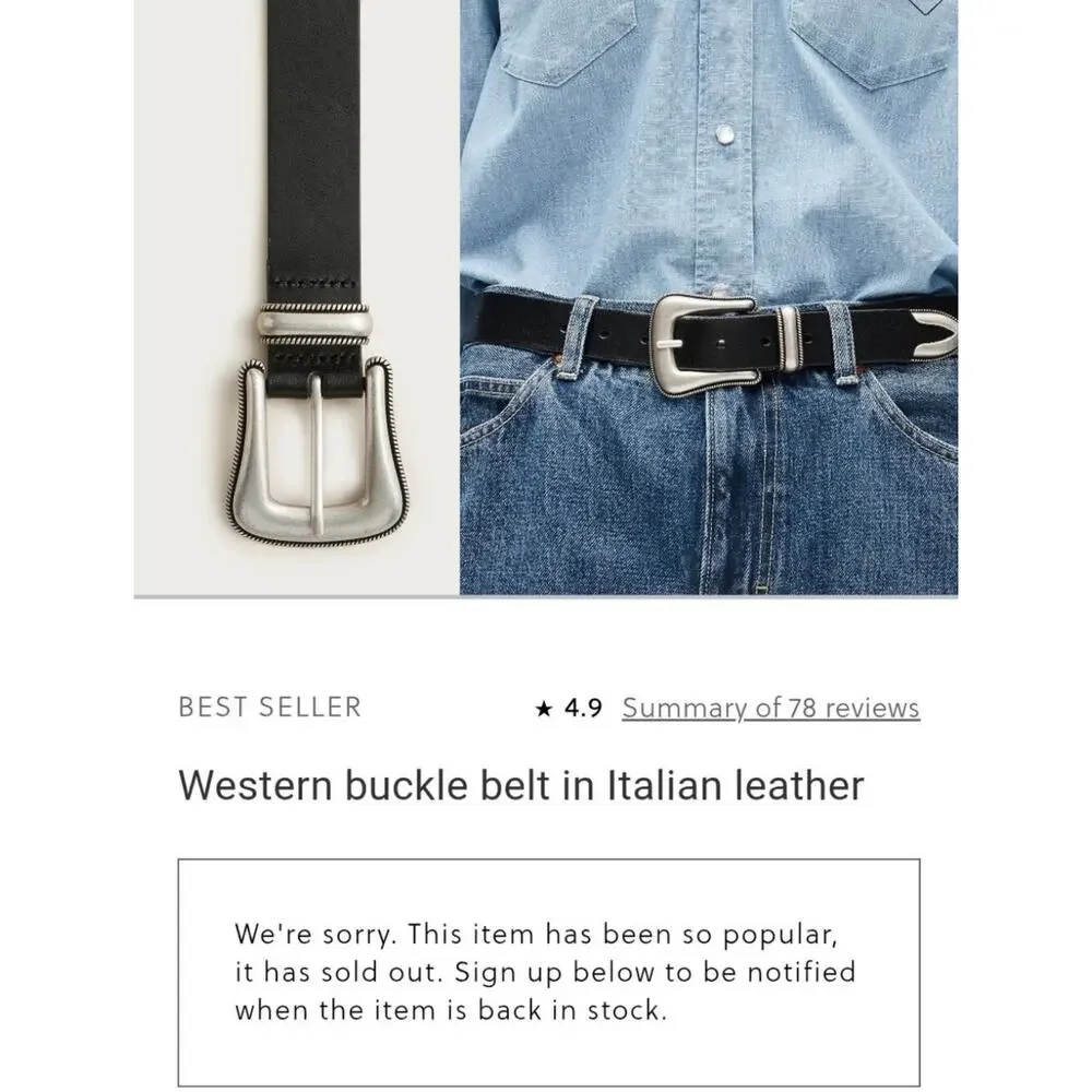 J. Crew Women's Western Buckle Belt in Italian Leather Black Size Large NWT
